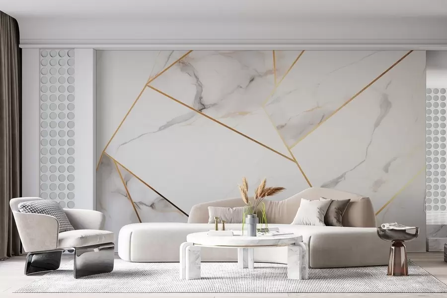 Fotobehang Imitatie van een marmeren oppervlak met een geel geometrisch patroon w09363