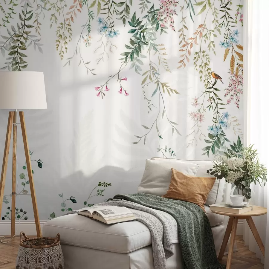 Fotobehang Botanische illustratie met varens, gras en hangende planten, pasteltinten, op witte achtergrond aquarel structuurstijl w09364