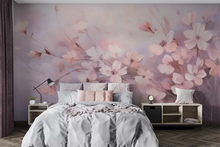 Fotobehang Een bloemstuk met delicate bloemen met zachte, vage randen, tegen een pastelkleurige achtergrond van lavendel- en lichtroze tinten w09369