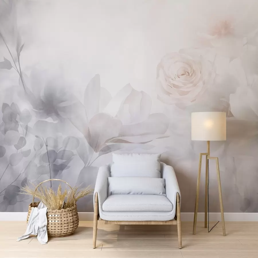 Fotobehang Een delicaat abstract bloemstuk met pastelroze rozen en magnolia's, zachte focus, lichtgrijze achtergrond w09371