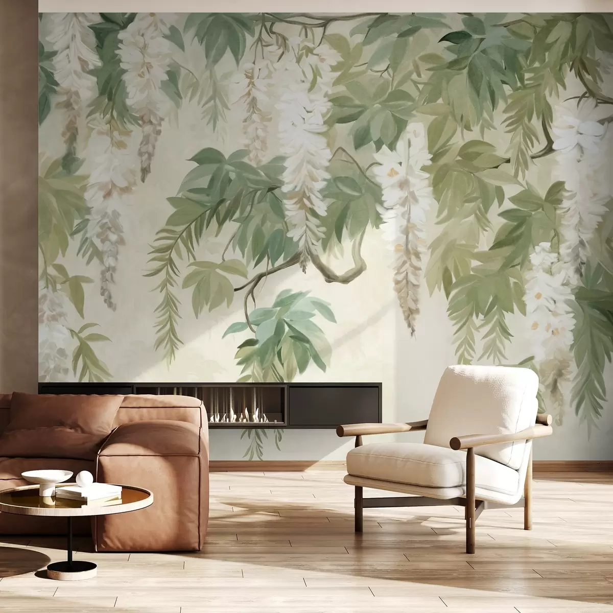 Fotobehang Wisteria takken met witte bloemen en groene bladeren, groene achtergrond, getextureerde vintage schilderij stijl w09375