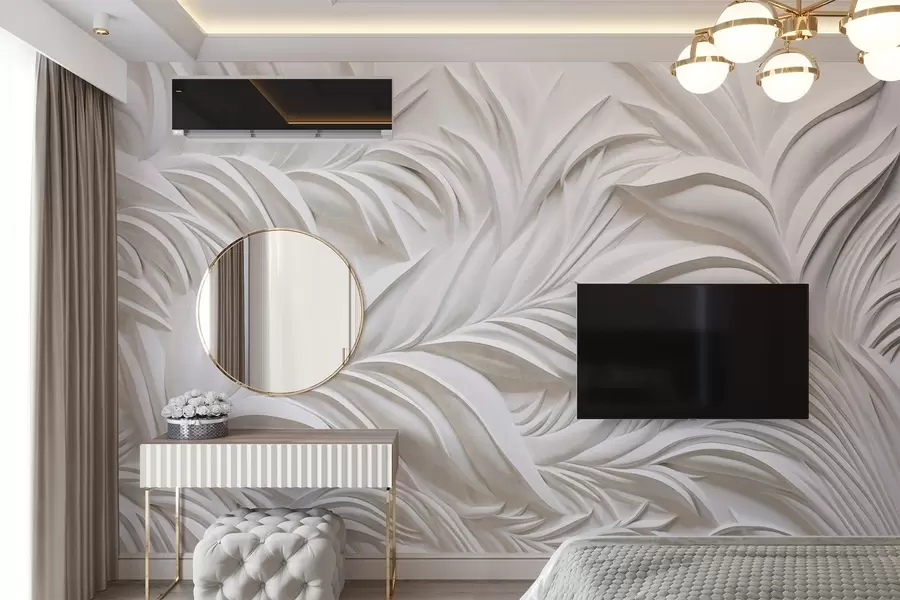 Fotobehang Abstract getextureerde witte bladeren en bloemenelementen, minimalistische esthetiek w09378