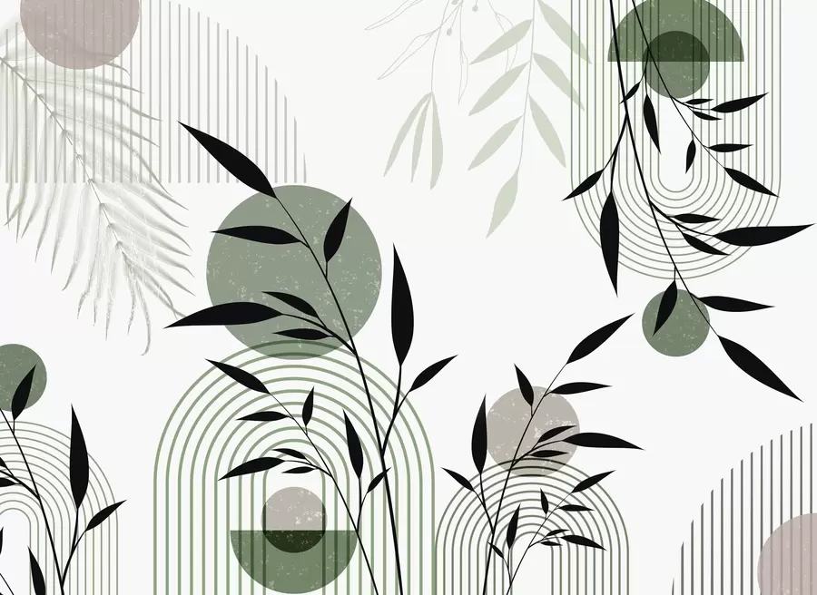 Fotobehang Gestructureerde abstracte print met geometrische vormen, cirkels en bogen en zwarte en groene planten op een witte achtergrond w09384