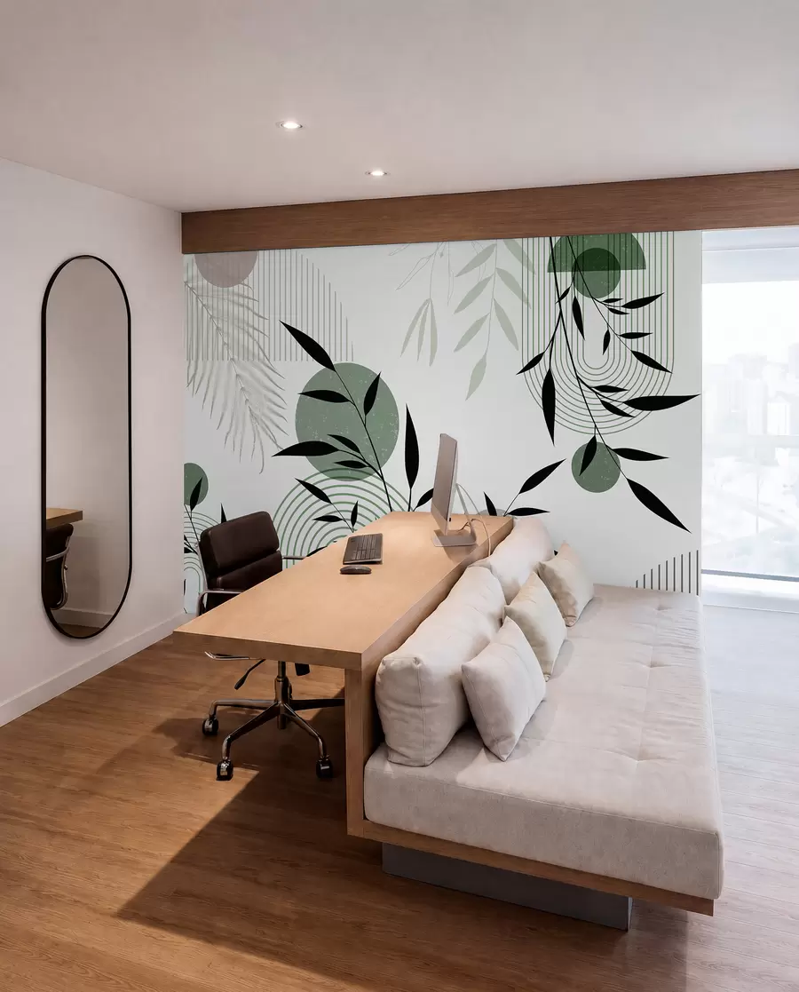 Fotobehang Gestructureerde abstracte print met geometrische vormen, cirkels en bogen en zwarte en groene planten op een witte achtergrond w09384