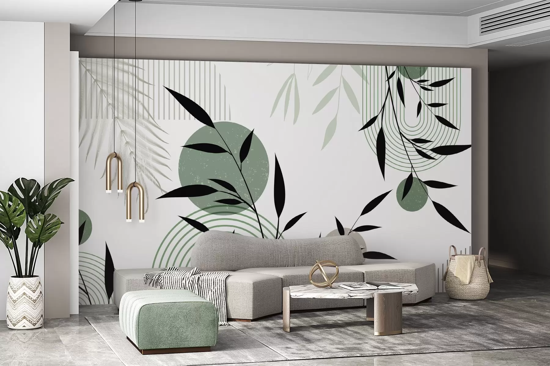 Fotobehang Gestructureerde abstracte print met geometrische vormen, cirkels en bogen en zwarte en groene planten op een witte achtergrond w09384