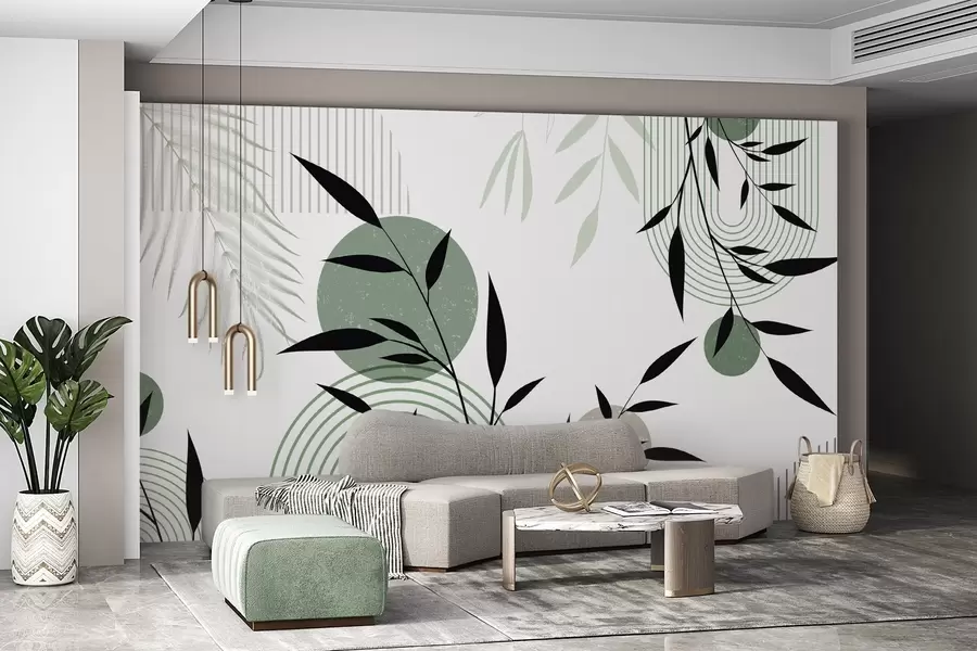 Papier peint photo Impression abstraite texturée avec des formes géométriques, des cercles et des arcs et des plantes noires et vertes sur un fond blanc w09384