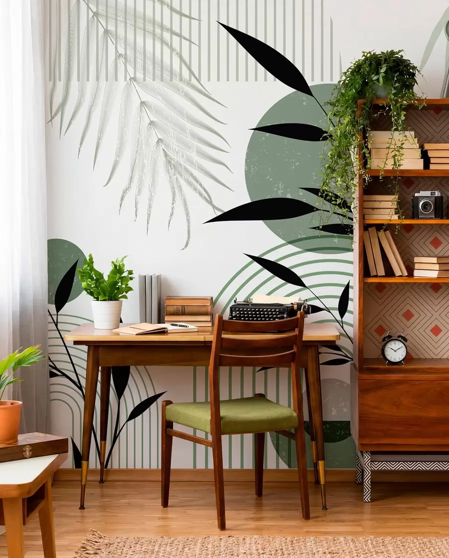 Fotobehang Gestructureerde abstracte print met geometrische vormen, cirkels en bogen en zwarte en groene planten op een witte achtergrond w09384