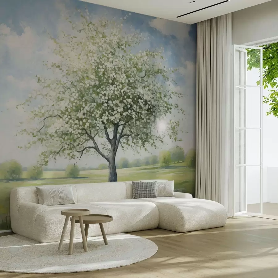 Fotobehang Een eenzame boom in een veld met witte bloemen w04445