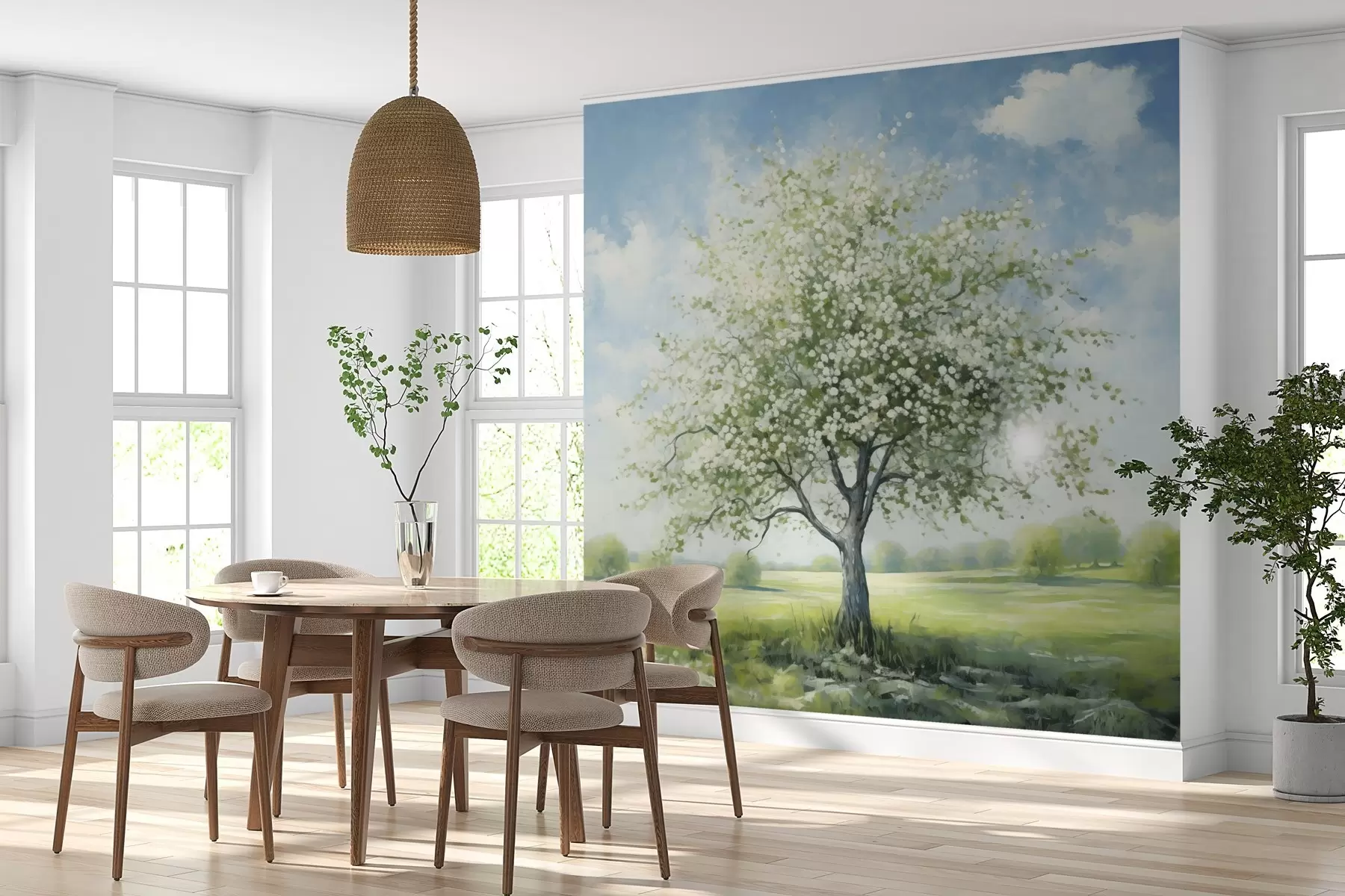 Papier peint photo Un arbre solitaire dans un champ de fleurs blanches w04445