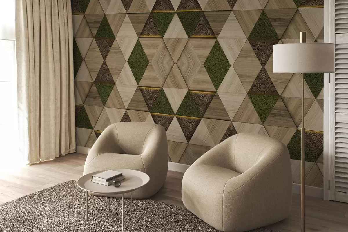 Fotobehang Geometrisch houten ornament met mos w04459