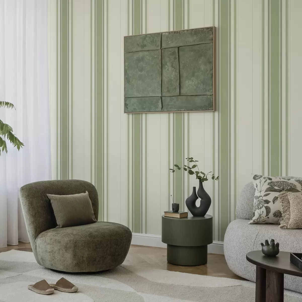 Papier peint Fond crème avec une large bande centrale verte a00519
