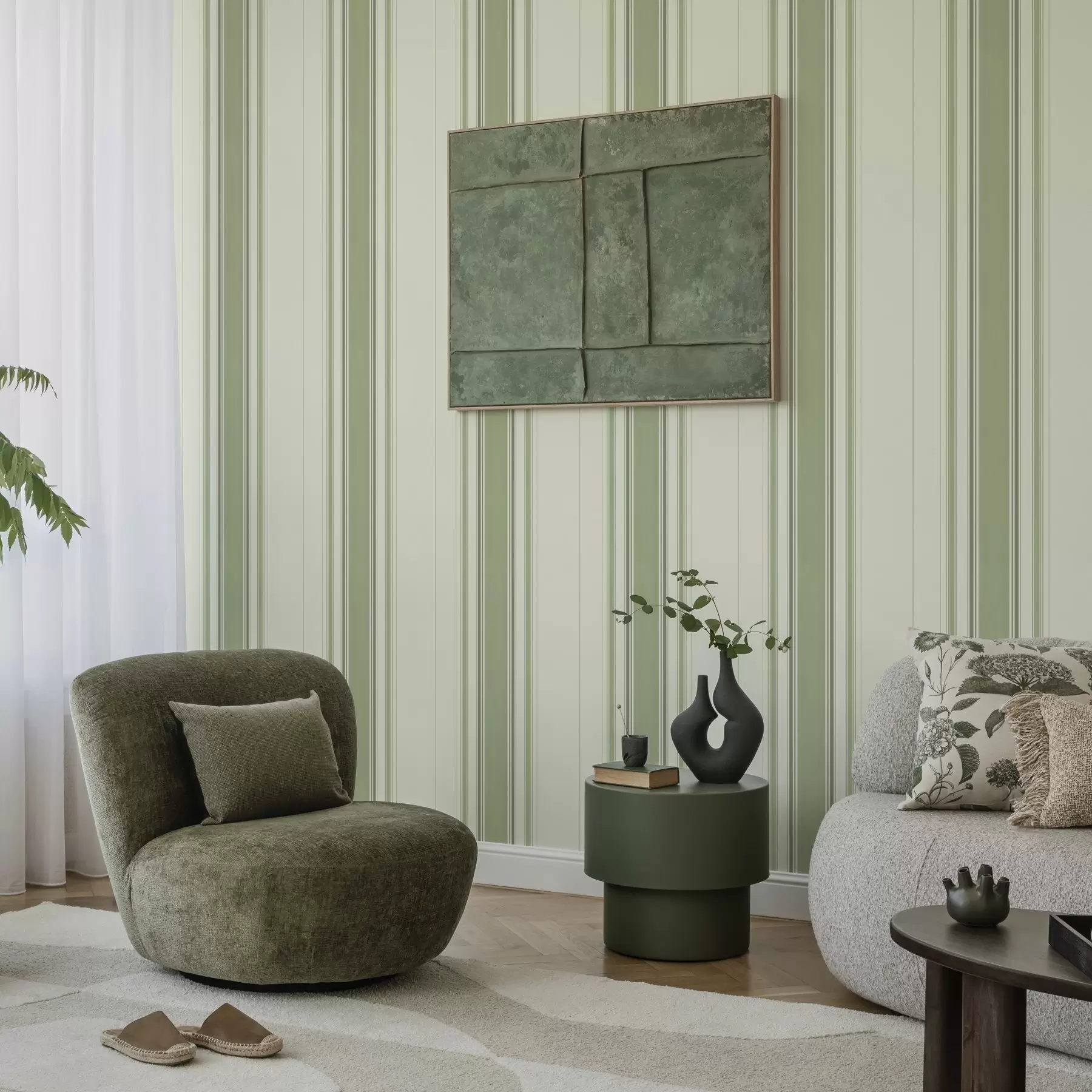 Fotobehang Crème achtergrond met een brede groene centrale streep a00519