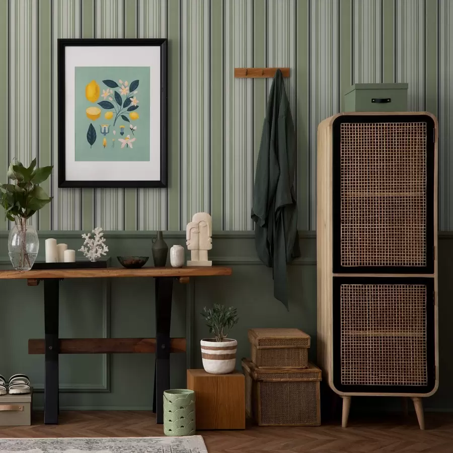 Fotobehang Crème achtergrond met een mix van groene en zwarte strepen a00563