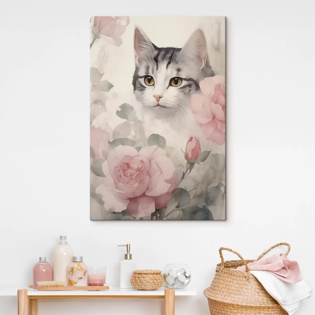  Peintures Chat parmi les roses s45673