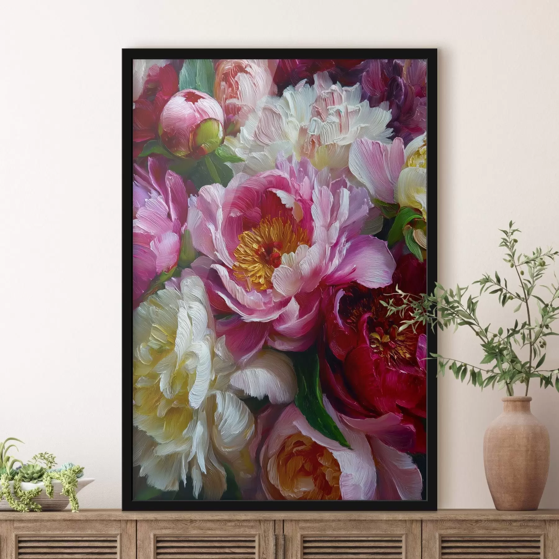 Fotobehang Weelderige pioenrozen in impasto techniek f45595