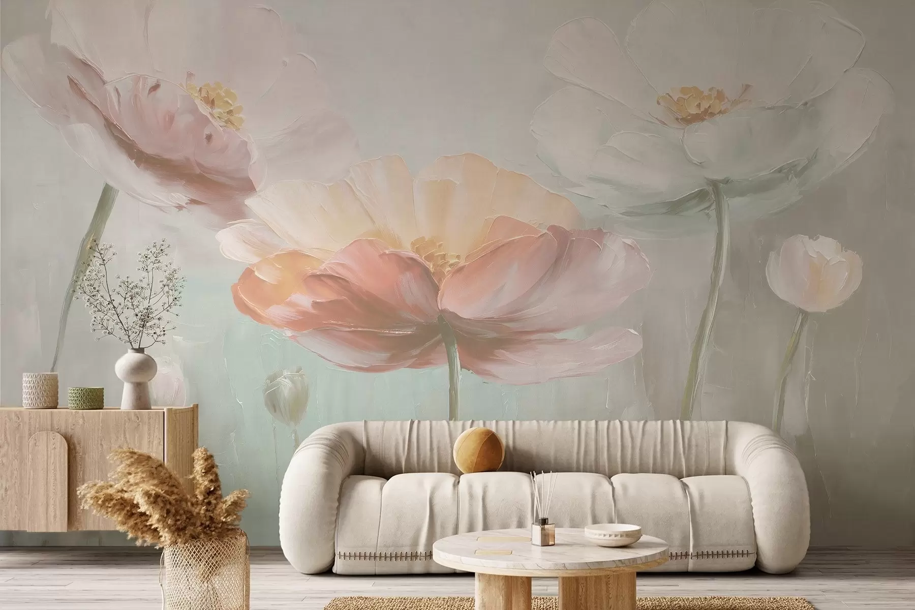 Fotobehang Volumetrische pastel klaprozen in olieverfstijl w09310v1