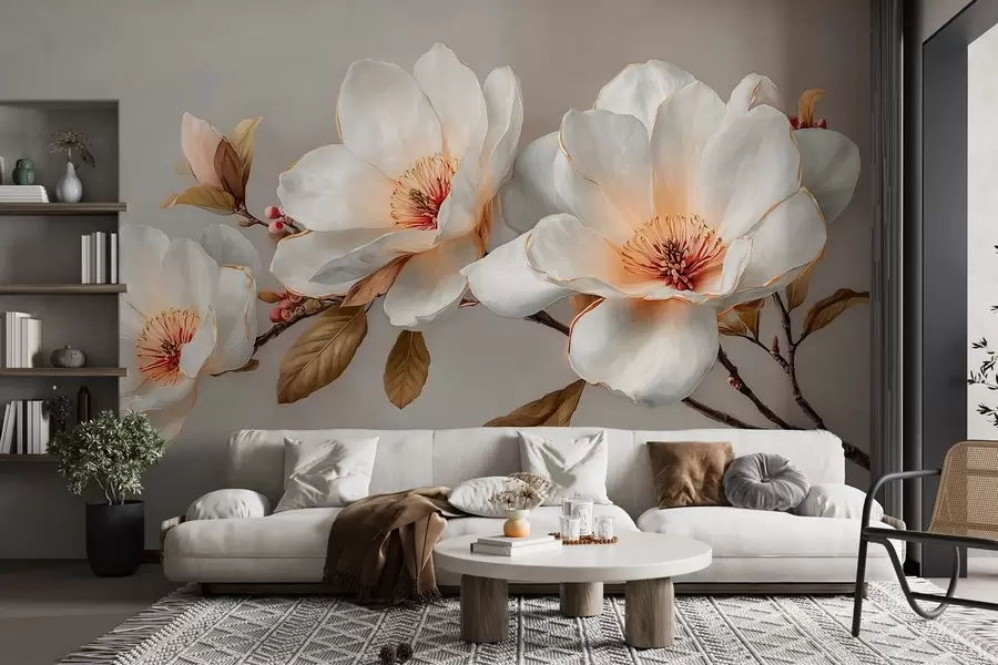 Fotobehang Delicate bloemen aan een tak in pasteltinten met een oranje hart w09299