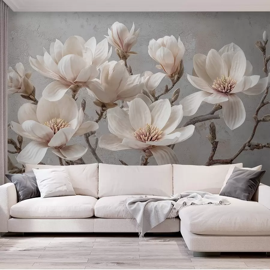 Papier peint photo Branches de magnolias avec de grandes fleurs légères dans des tons sourds w09305