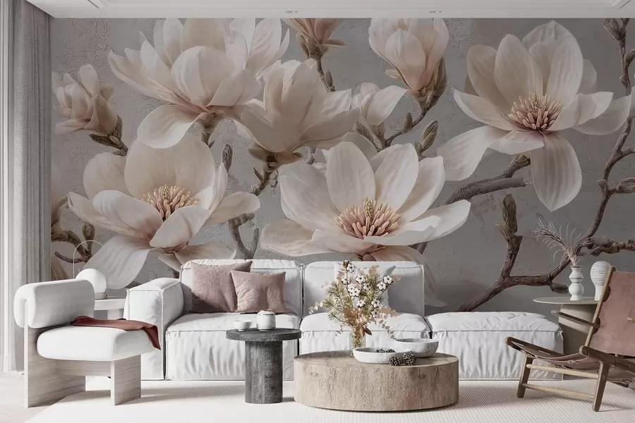 Fotobehang Magnolia takken met grote lichte bloemen in gedempte tinten w09305