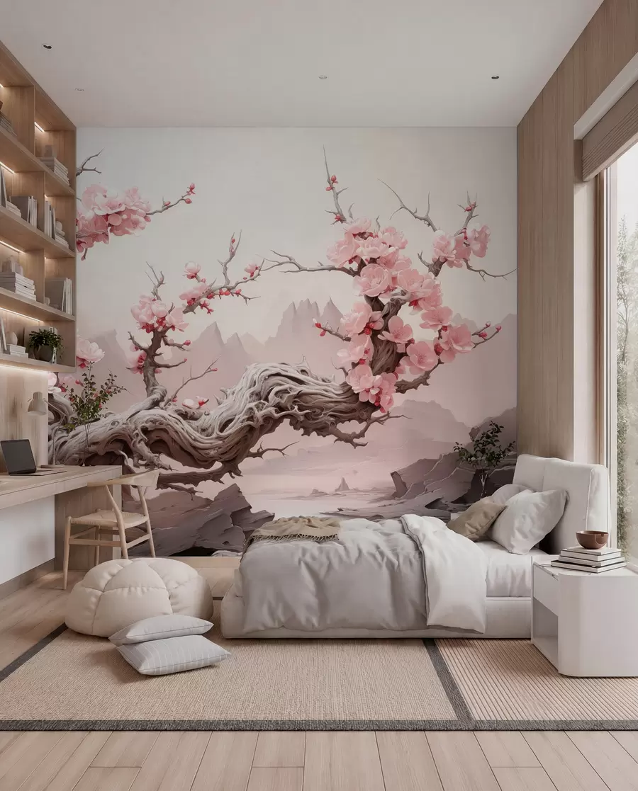 Papier peint photo Tronc d'arbre torsadé avec sakura rose en fleur w09388