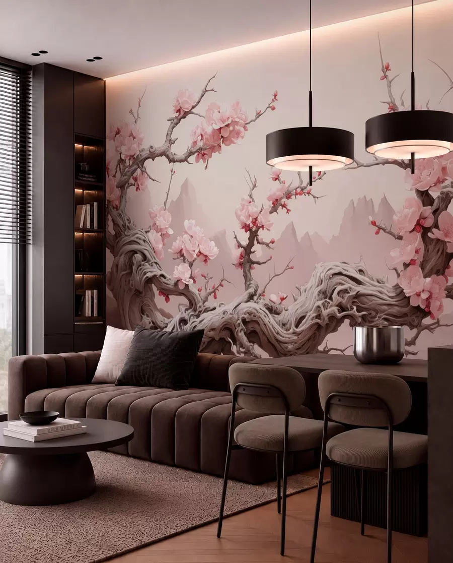 Fotobehang Gedraaide boomstam met bloeiende roze sakura w09388