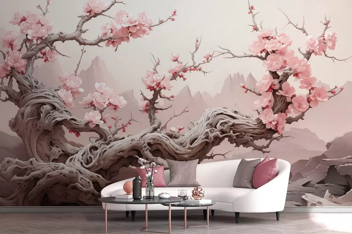 Fotobehang Gedraaide boomstam met bloeiende roze sakura w09388