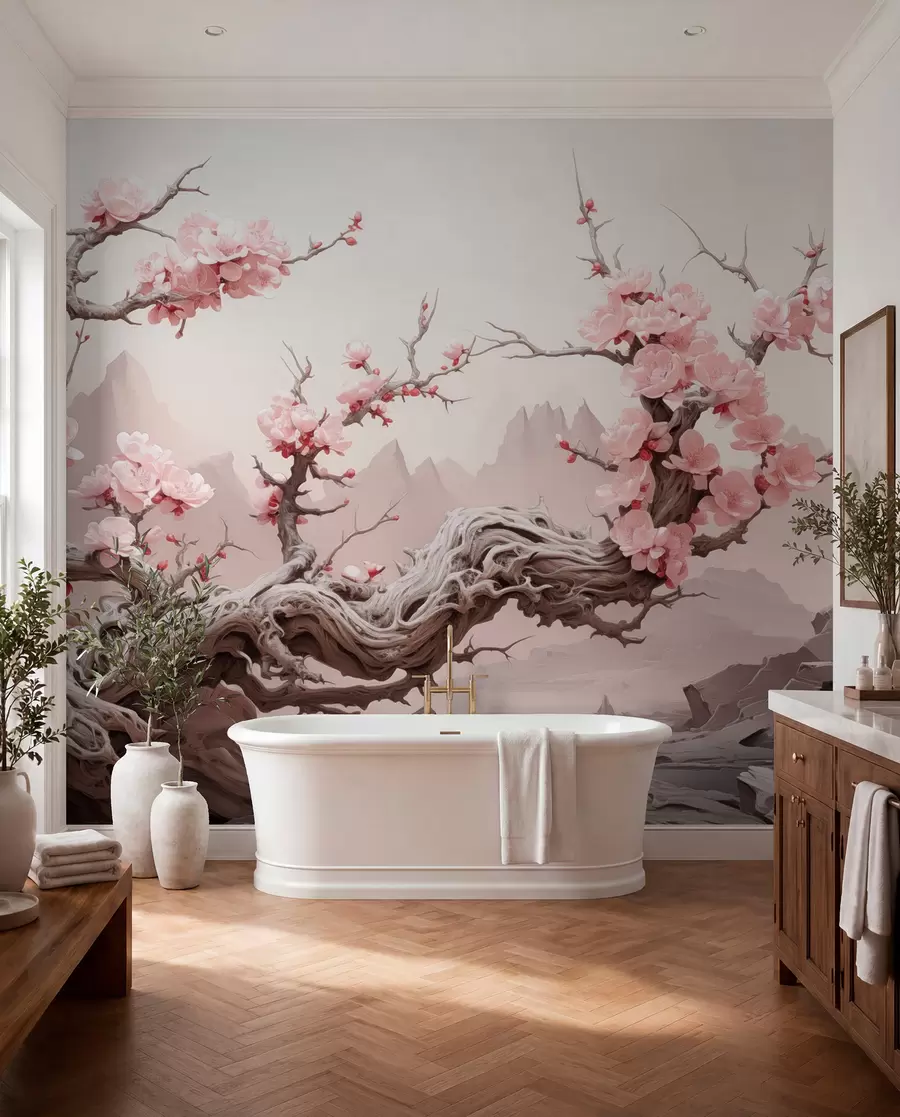 Fotobehang Gedraaide boomstam met bloeiende roze sakura w09388