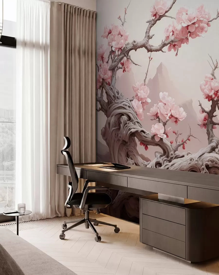 Fotobehang Gedraaide boomstam met bloeiende roze sakura w09388