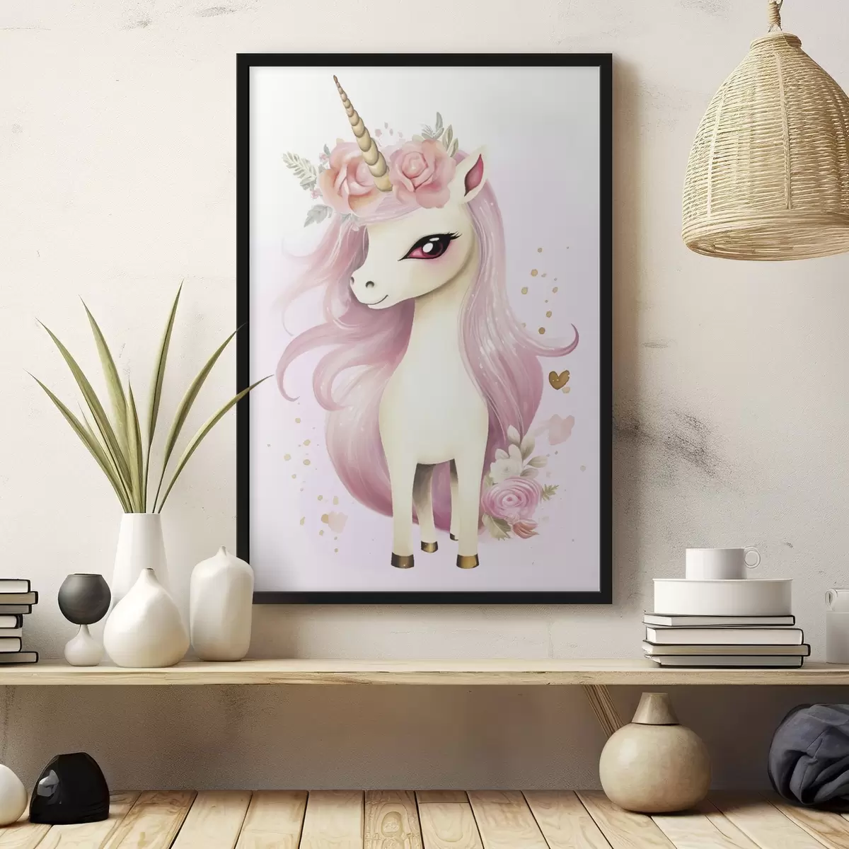 Affiche Licorne avec crinière rose et couronne de fleurs f45484