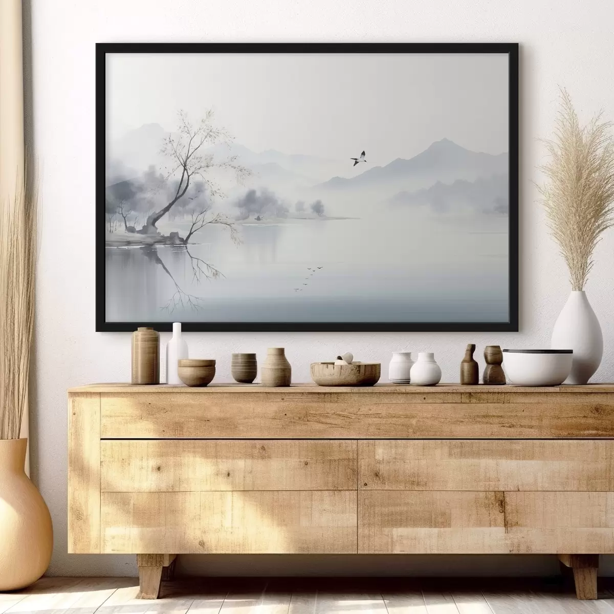 Affiche Paysage brumeux avec un arbre, des montagnes et des oiseaux f45518