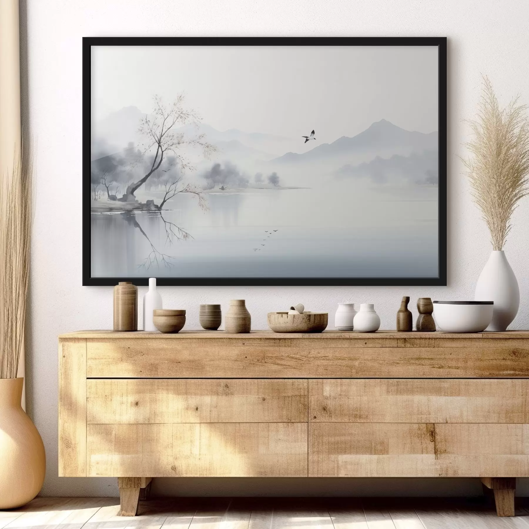 Fotobehang Mistig landschap met een boom, bergen en vogels f45518