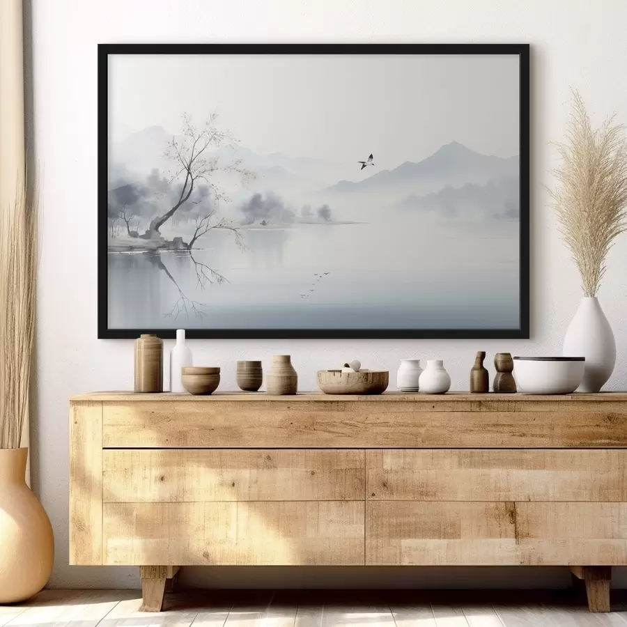 Fotobehang Mistig landschap met een boom, bergen en vogels f45518