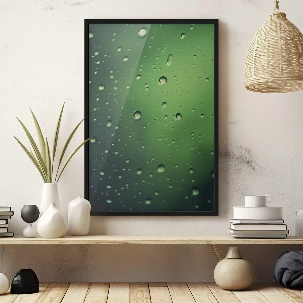 Poster Waterdruppels op groen glas close-up f45521