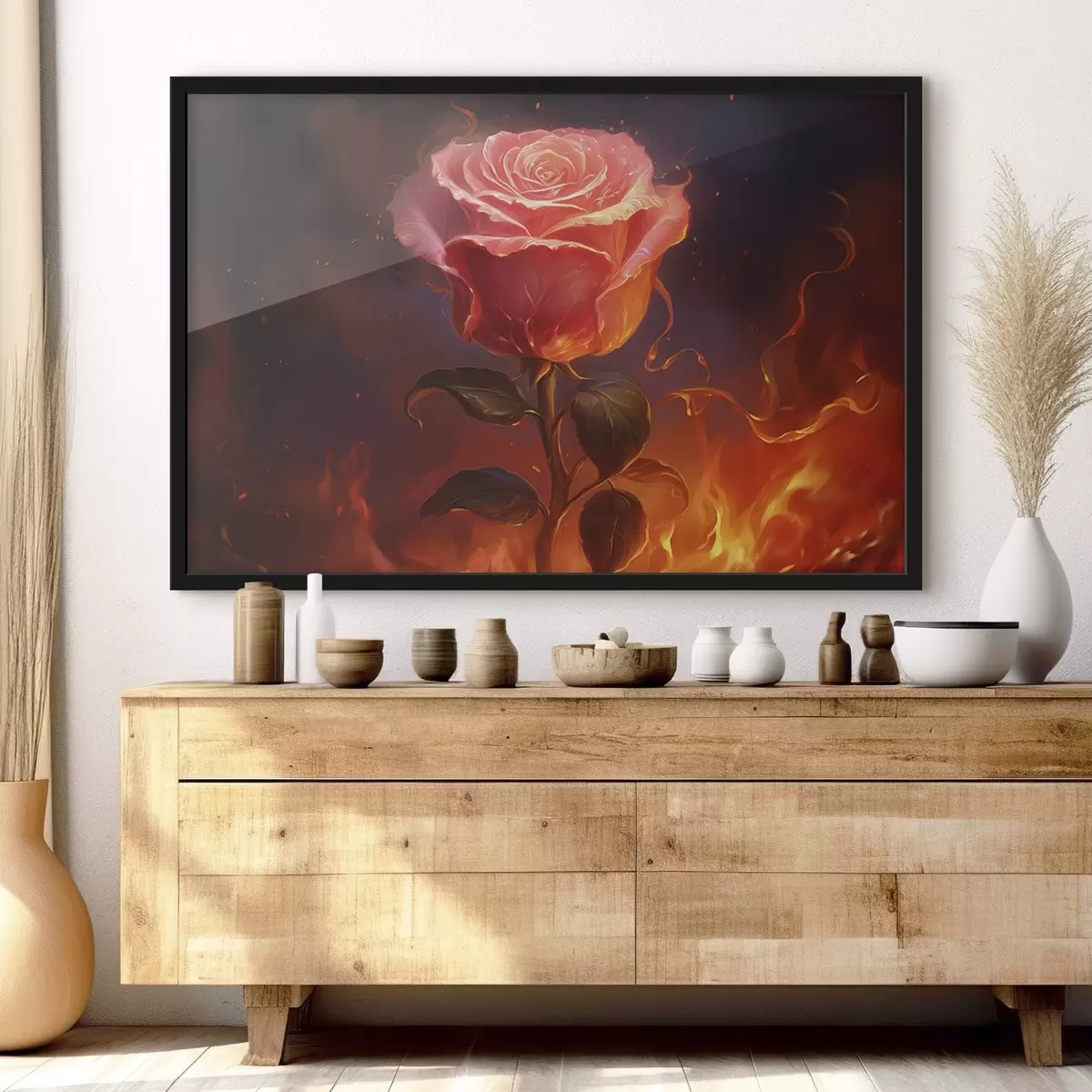 Affiche Rose rouge parmi le feu et les étincelles f45523