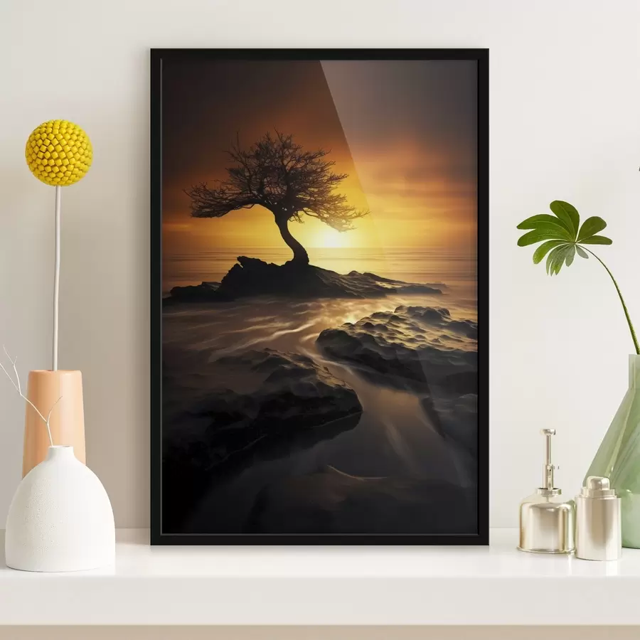 Papier peint photo Arbre solitaire sur une falaise au coucher du soleil f45524