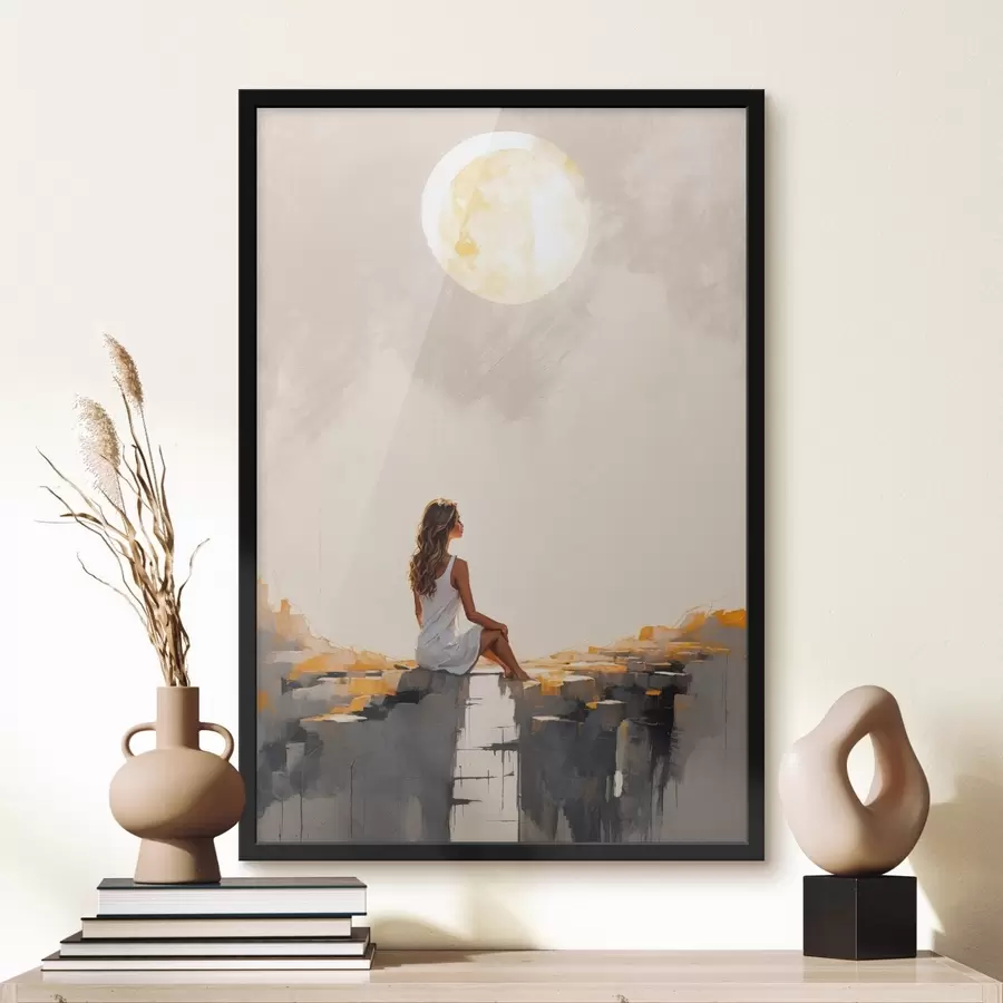 Papier peint photo Fille en robe blanche assise sous une grande lune f45621