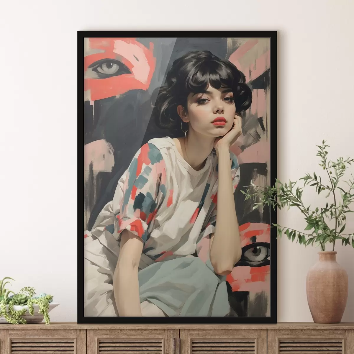 Affiche Portrait d'une jeune fille sur fond d'yeux et de traits abstraits f45623