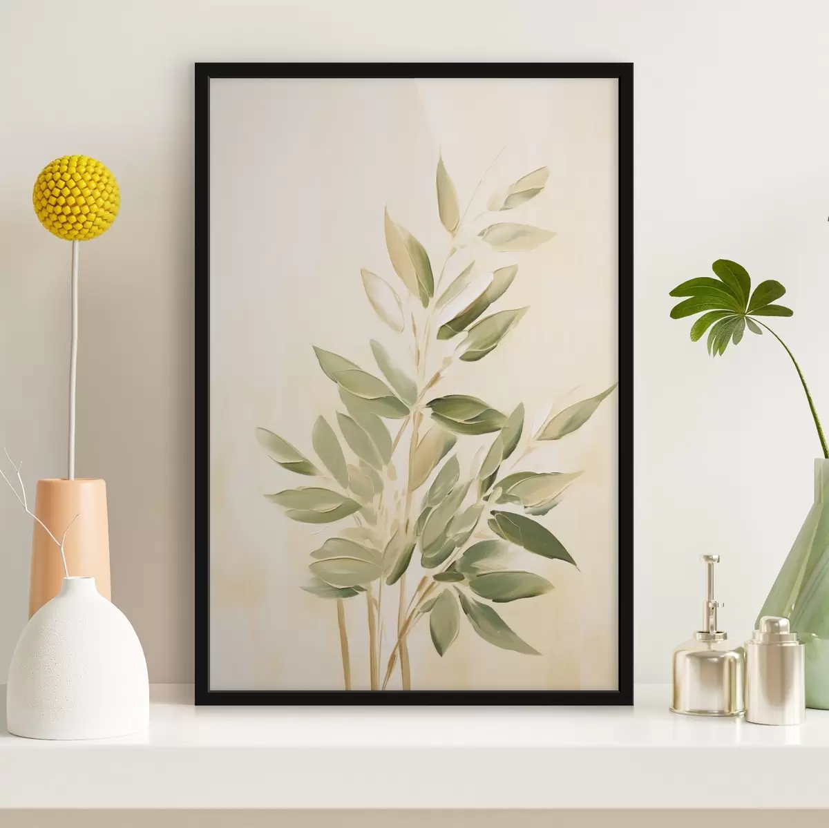 Poster Tak met groene bladeren op een lichtbeige achtergrond f45689