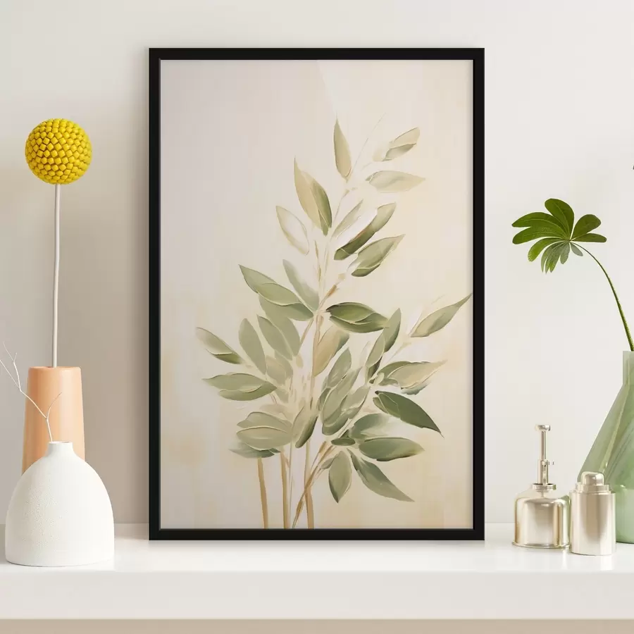 Fotobehang Tak met groene bladeren op een lichtbeige achtergrond f45689