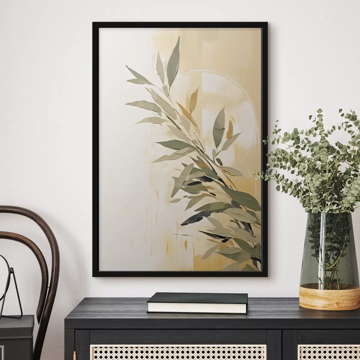 Poster Botanische tak met groene bladeren op een warme achtergrond f45690