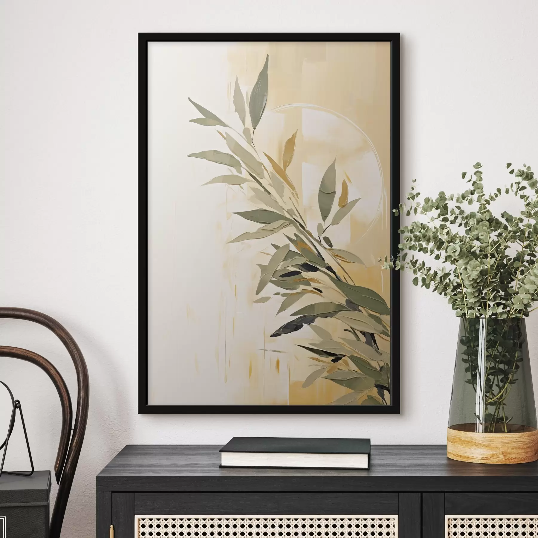 Fotobehang Botanische tak met groene bladeren op een warme achtergrond f45690