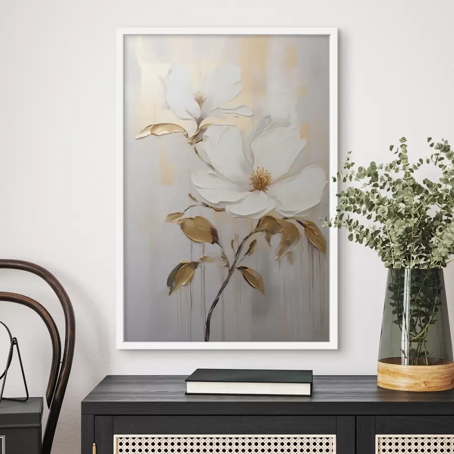 Papier peint photo Deux fleurs blanches avec des feuilles jaune-orange sur un fond clair f45691