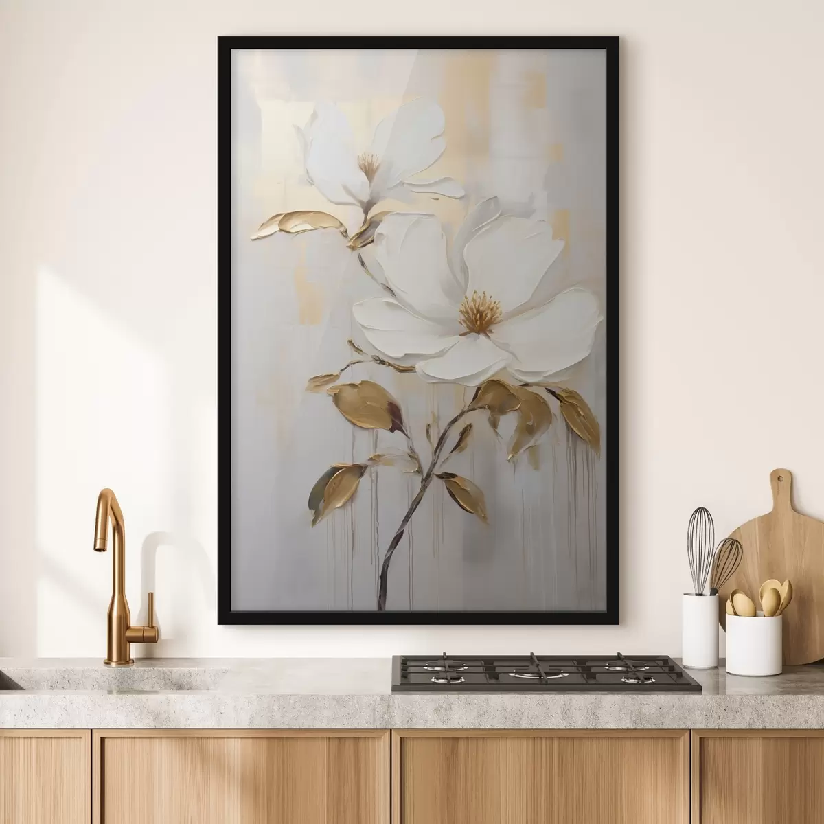 Affiche Deux fleurs blanches avec des feuilles jaune-orange sur un fond clair f45691