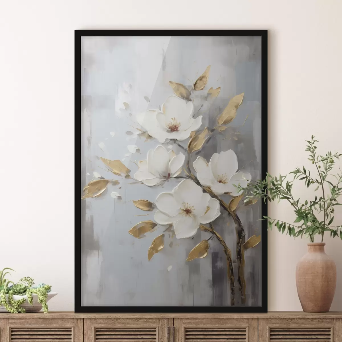 Poster Tak met witte bloemen en geeloranje bladeren f45692