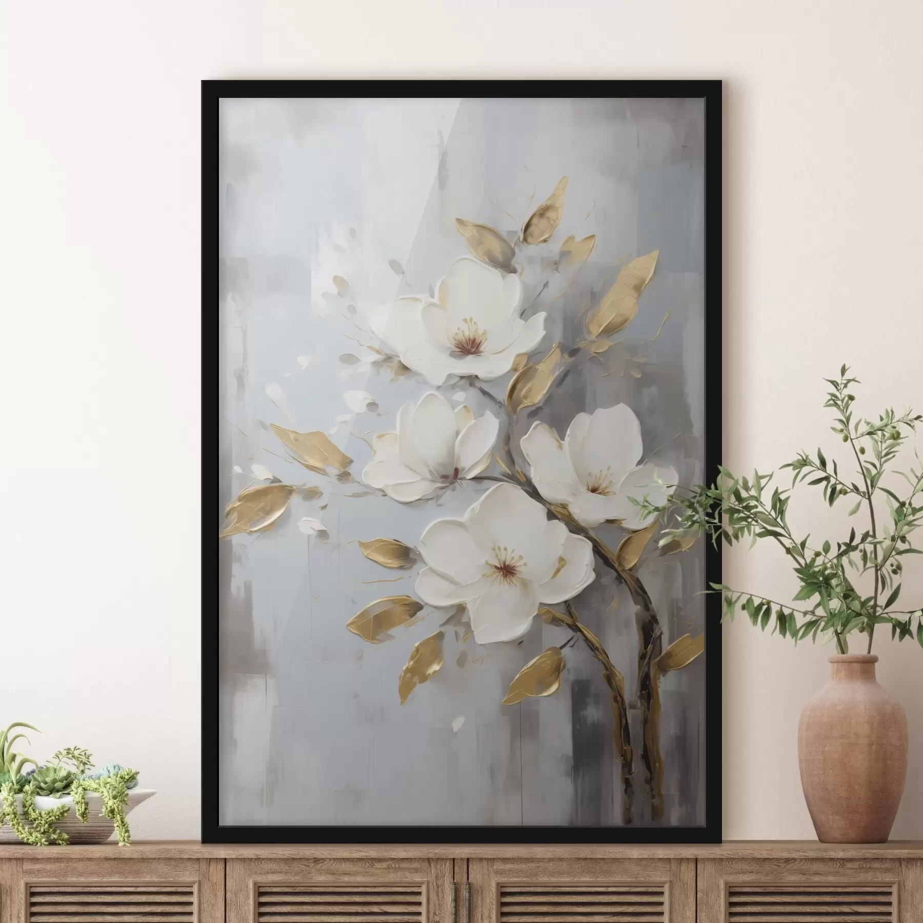 Papier peint photo Branche avec des fleurs blanches et des feuilles jaune-orange f45692