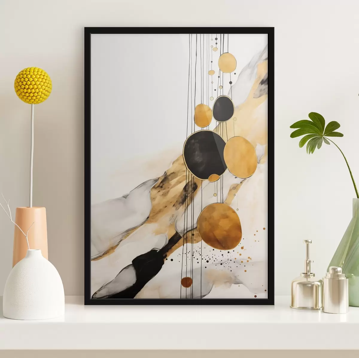 Affiche Cercles abstraits orange et noirs sur fond clair f45693