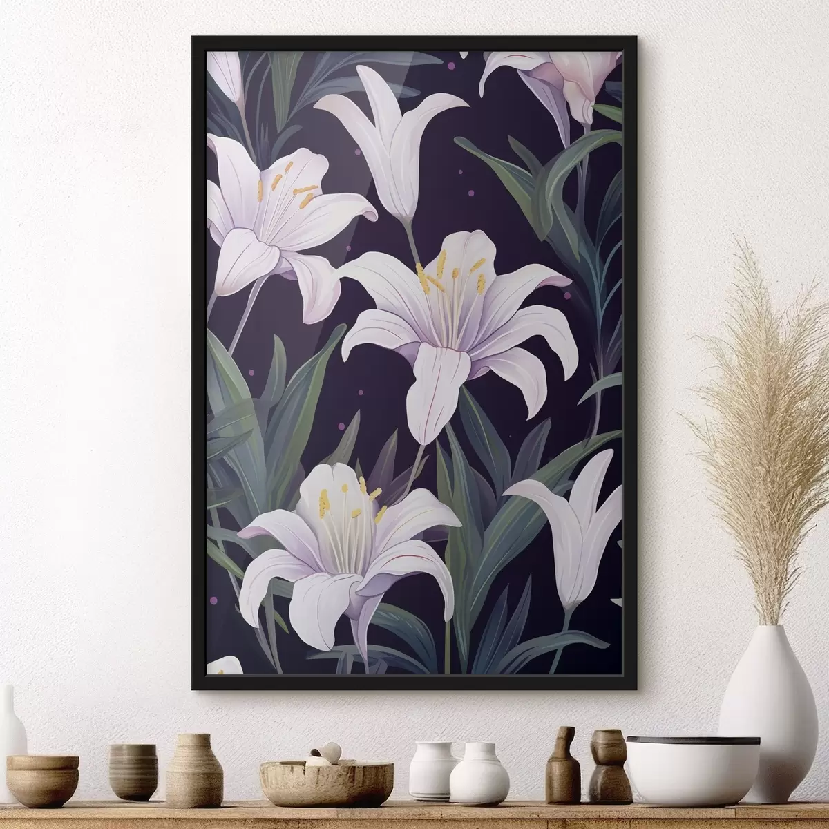 Poster Delicate lelies op een donkere achtergrond met groene bladeren f45697