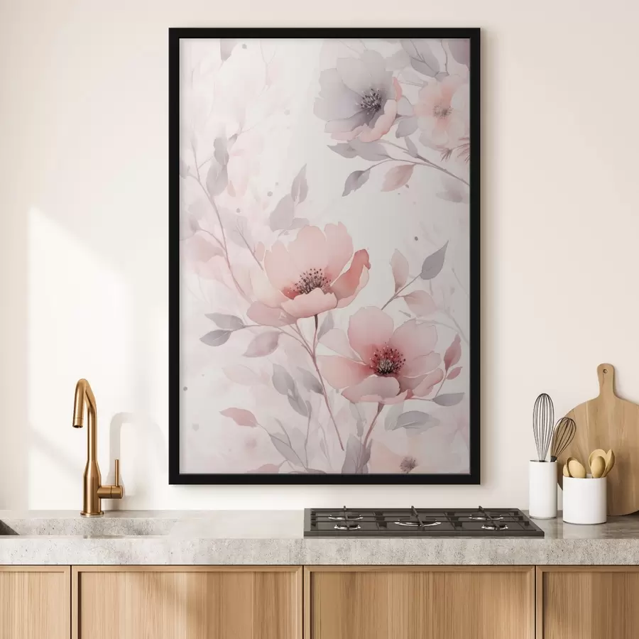 Fotobehang Delicate roze-grijze bloemen met aquareleffect f45702
