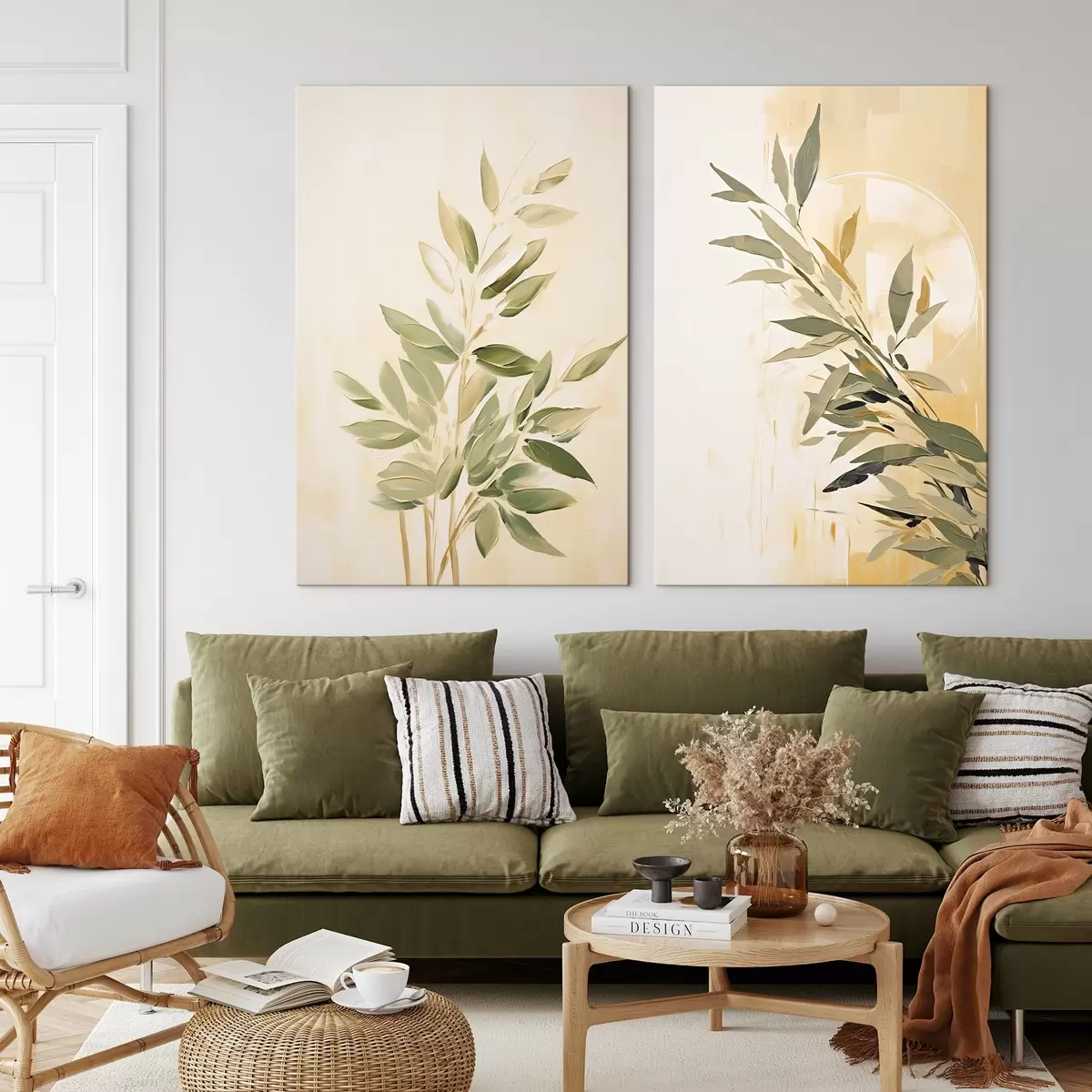  Schilderijen Botanische tak met groene bladeren op een warme achtergrond m00686