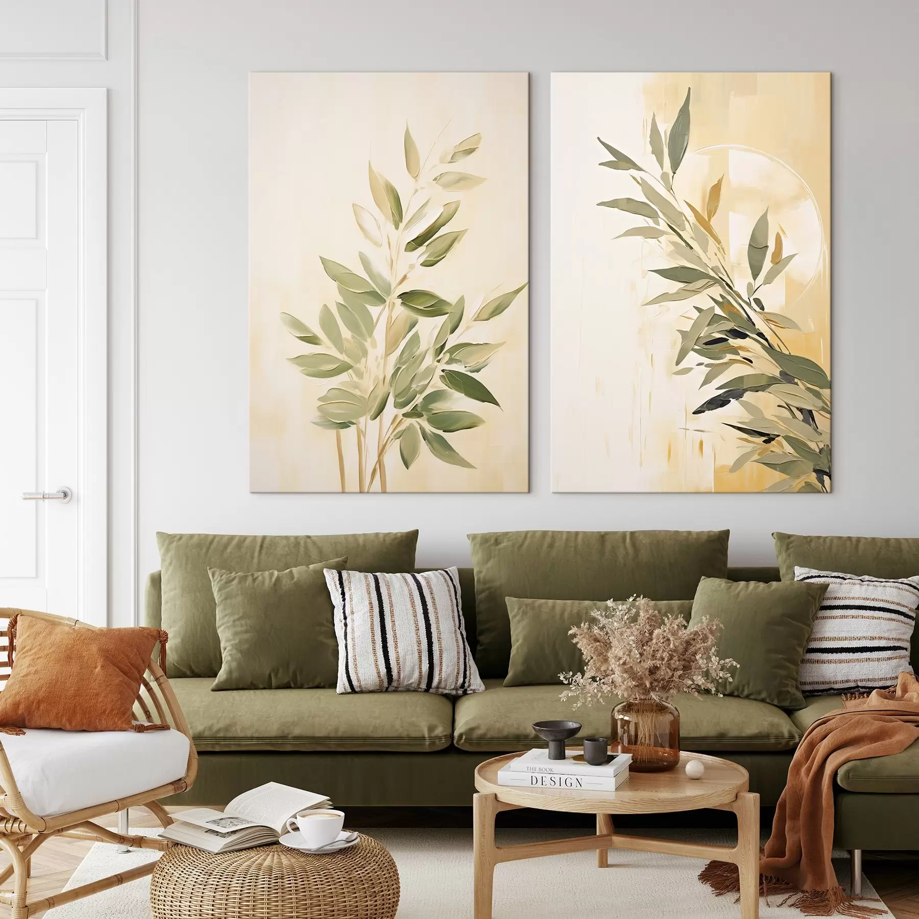  Schilderijen Botanische tak met groene bladeren op een warme achtergrond m00686